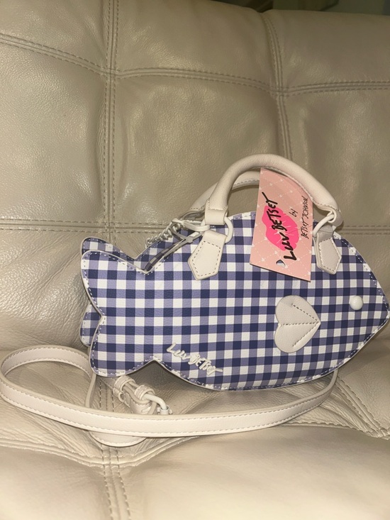 Betsey Johnson Handbags - Betsey Johnson Blue Gingham Fish Crossbody with Cream Trim NWT